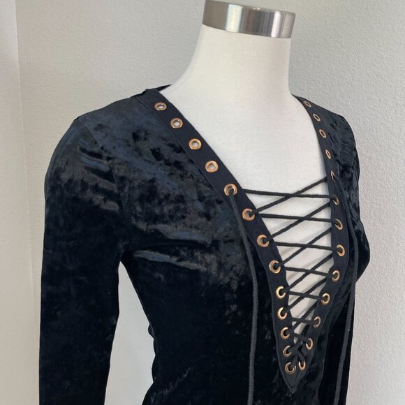 Vintage Y2K Windsor Womens Medium Black Velvet Lace Up Bodysuit Goth Vamp - Picture 2 of 12